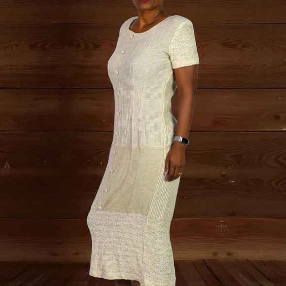 KC Spencer Column Straight Midi Dress Tan Mixed Print Checks Gingham Deadstock 8 - Picture 3 of 16